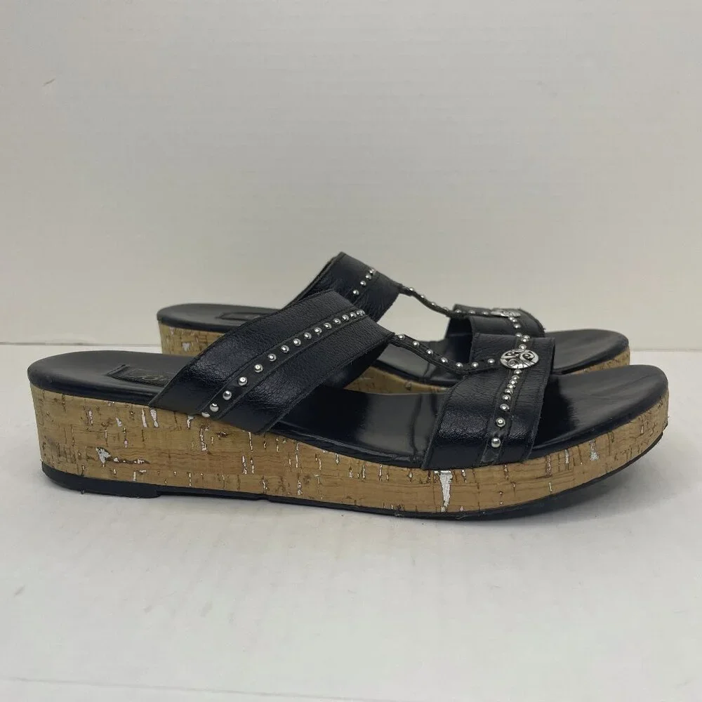 Brighton Sandals Size 9 M Slip On Slides Black Silver Cork Wedge Heel Studded
